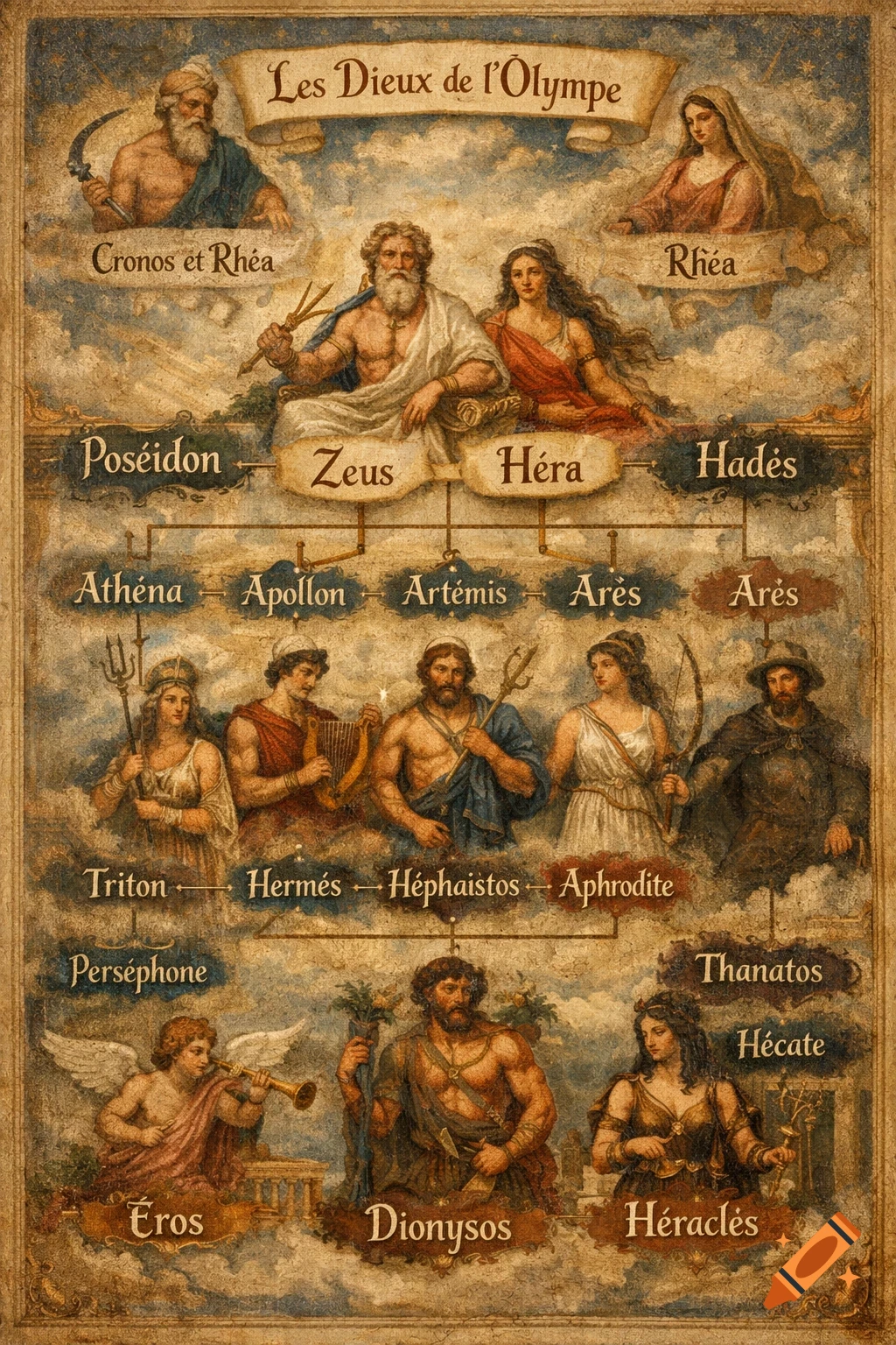 A detailed antique-style painting depicting the family tree of Olympian gods with their names in French, including Zeus, Hera, Poseidon, and their descendants.