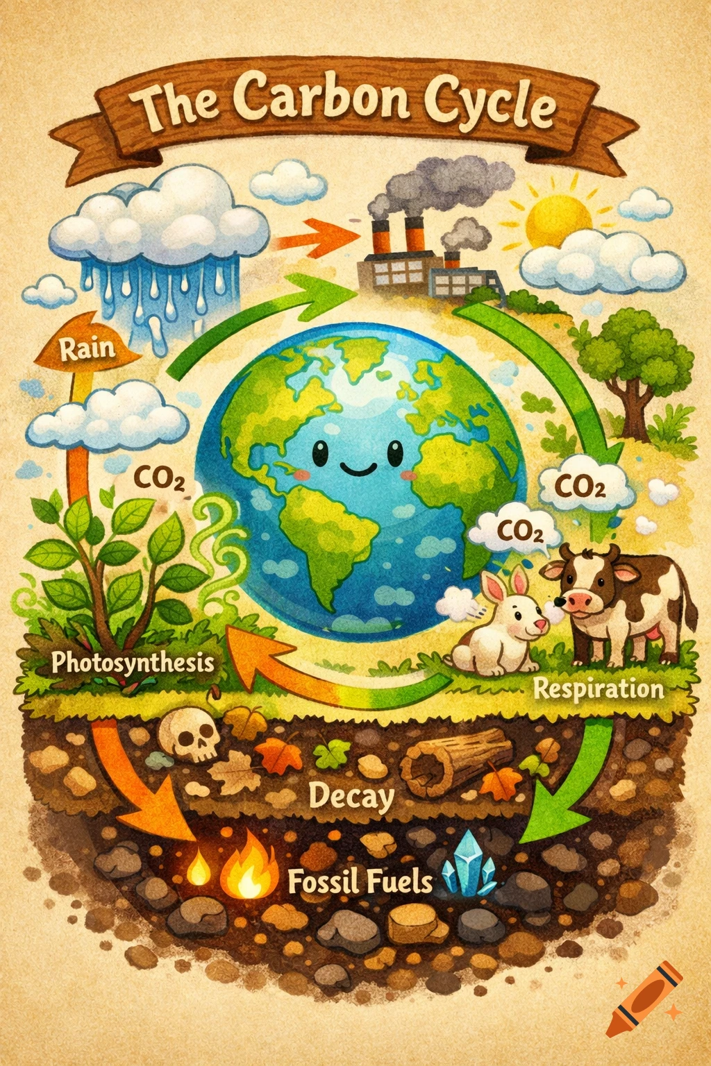 Cartoon diagram of the Carbon Cycle with a smiling Earth, showing photosynthesis, respiration, decay, fossil fuels, rain, and factory emissions.