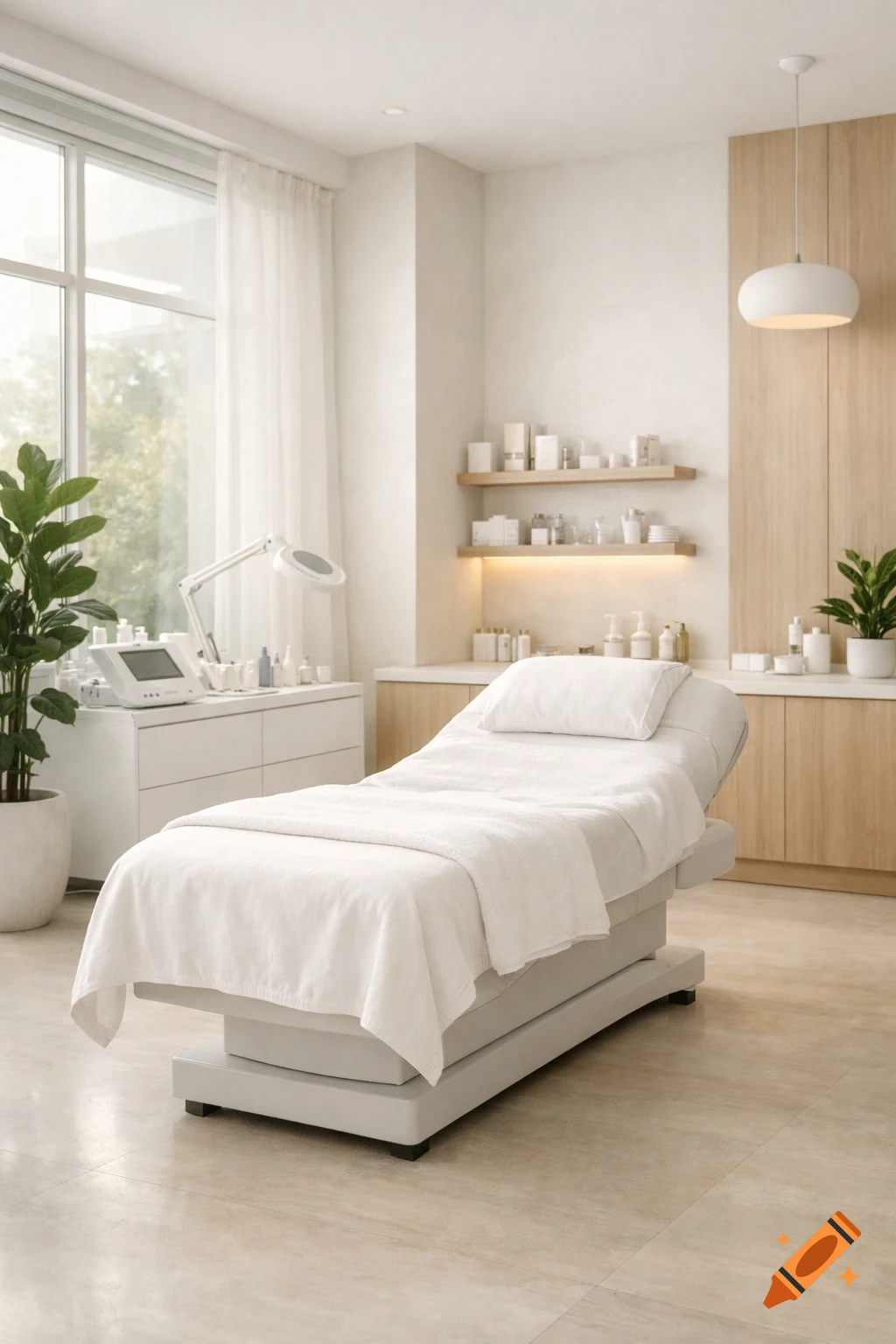 A clean, modern aesthetic clinic room with a white treatment bed, shelves of beauty products, and a large window.