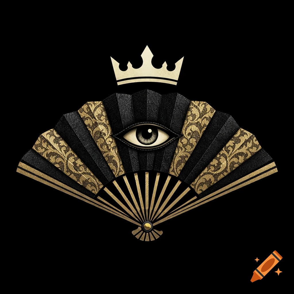 An elegant dark fantasy emblem featuring a partially opened black and gold fan with a subtle eye at its center, topped by a simple gold crown.