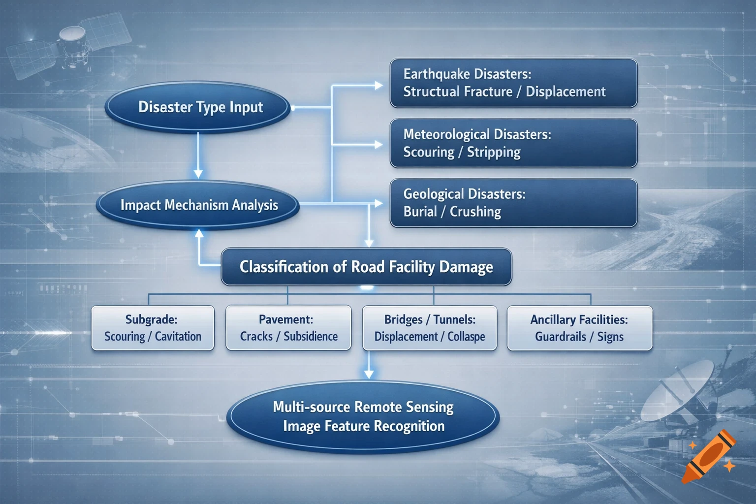 A blue and white flowchart illustrates the classification of road facility damage from disaster types to multi-source remote sensing recognition, set against a digital background with a satellite.