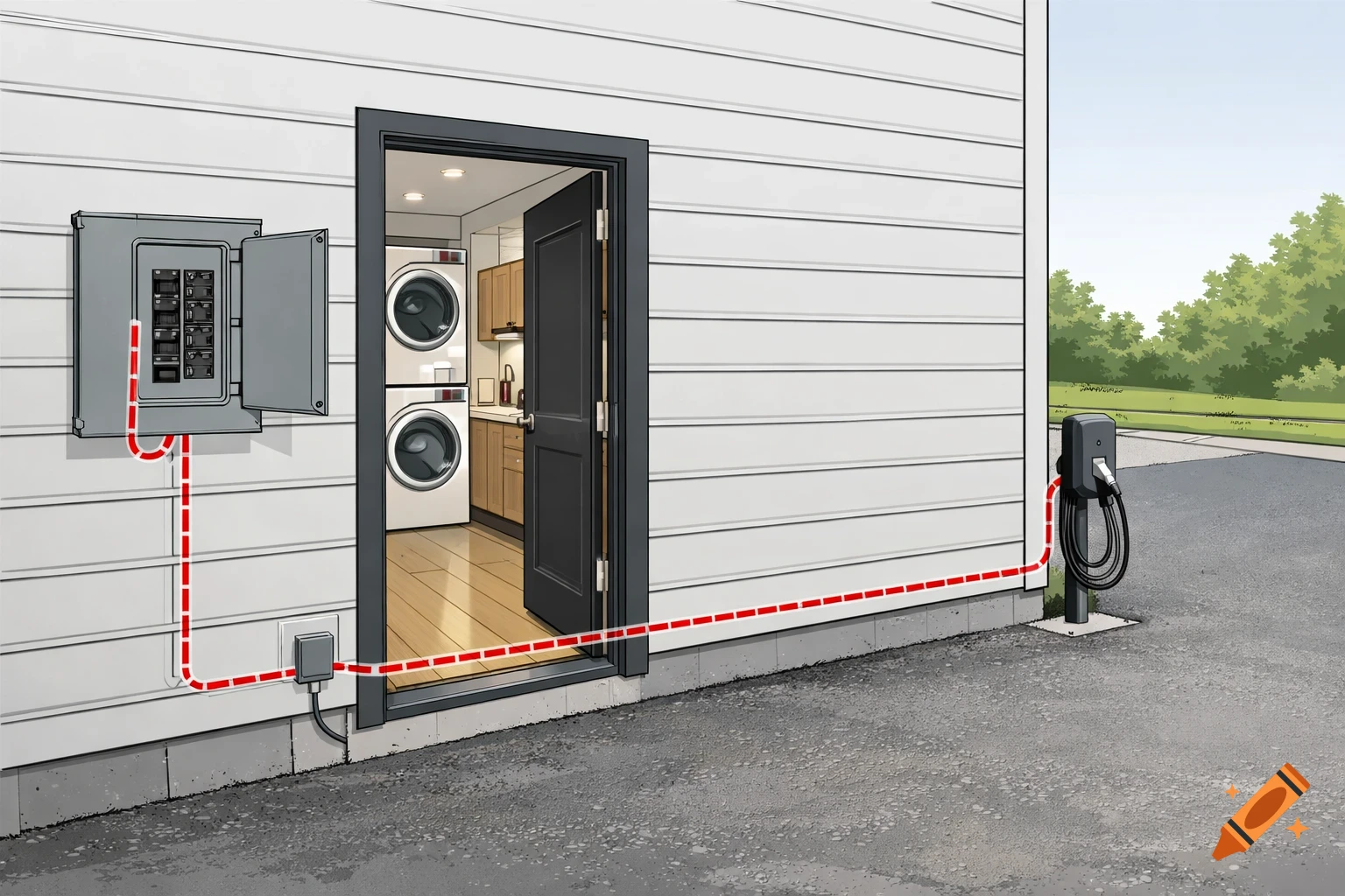 An illustration of a house exterior with an electrical panel, EV charger, and a red dashed line showing the circuit wire route. An open door reveals laundry and kitchen inside.