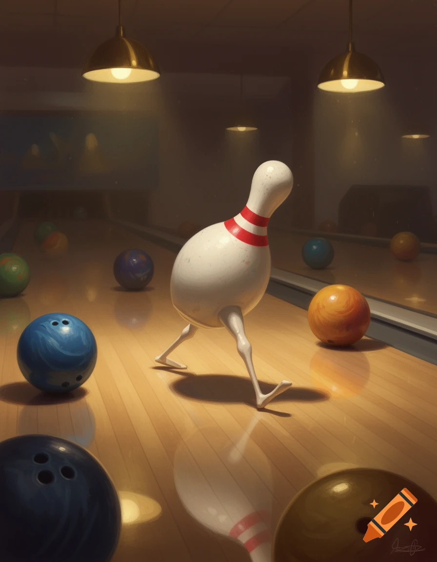 A surreal white bowling pin with spindly legs walks down a wooden bowling alley, surrounded by colorful bowling balls.