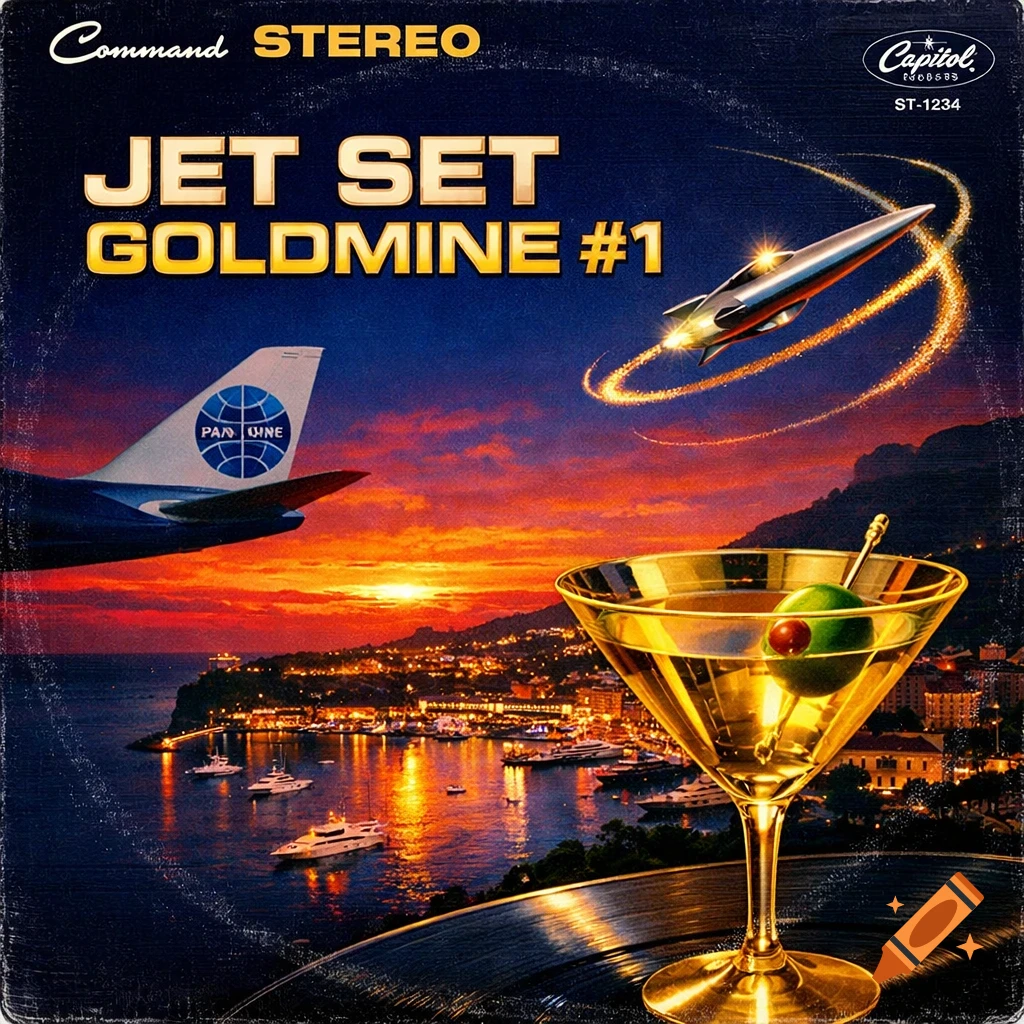 Retro album cover for 'Jet Set Goldmine #1' with a plane tail, rocket, martini, and sunset over Monaco.
