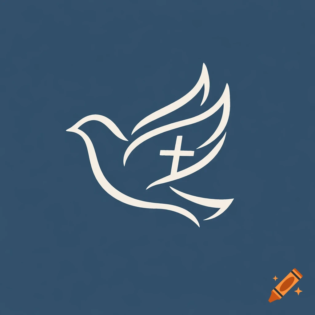 A minimalist white dove logo with a cross symbol integrated into its wing, set against a dark blue background.