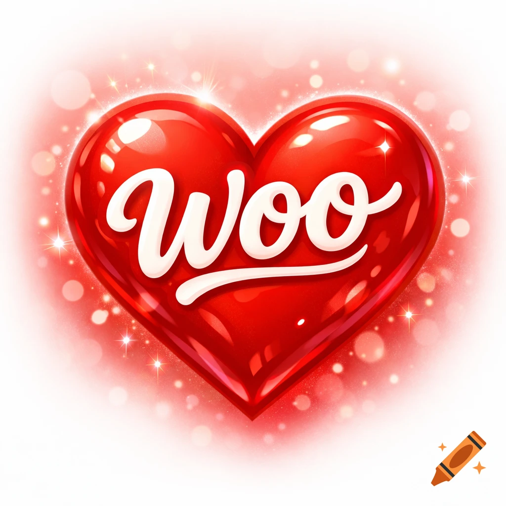 A shiny red heart with the word 'Woo' in white script, surrounded by sparkling lights and bokeh.