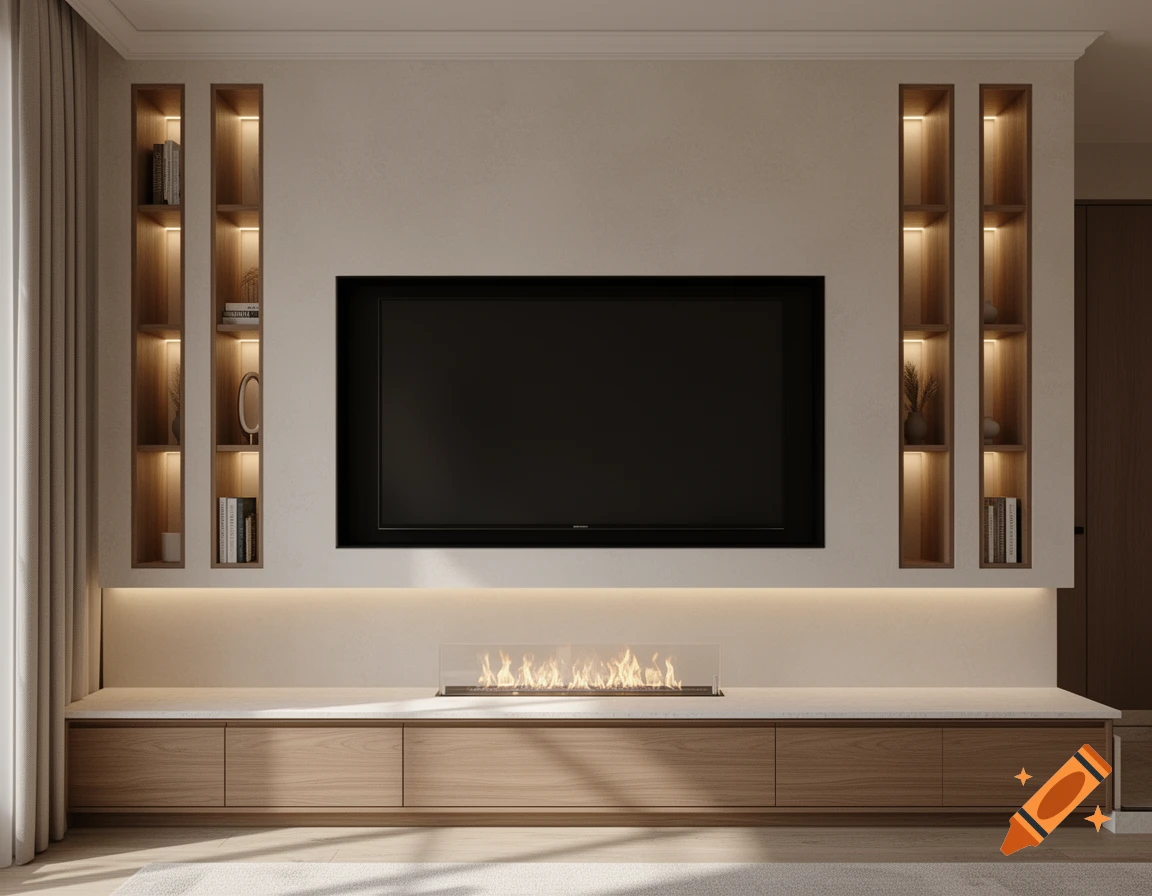 A modern living room with a custom media wall featuring a large TV, an electric fireplace, built-in shelving, and a wooden bench.