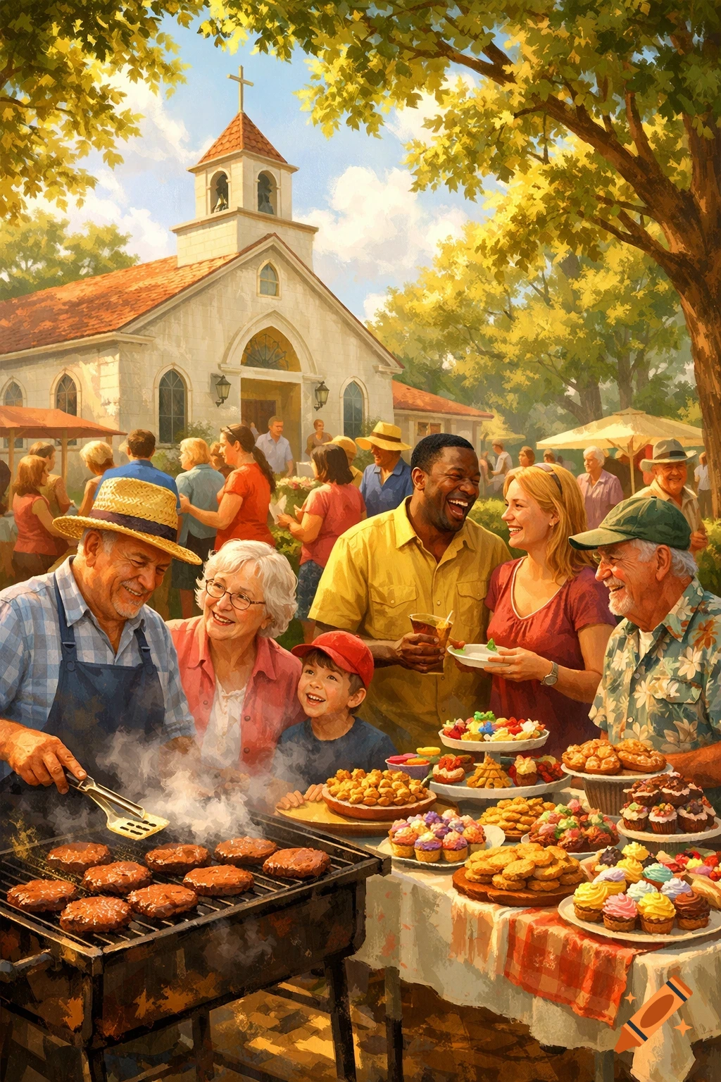A vibrant painting of a multi-generational community barbecue with people grilling burgers and enjoying sweets outside a church on a sunny day.
