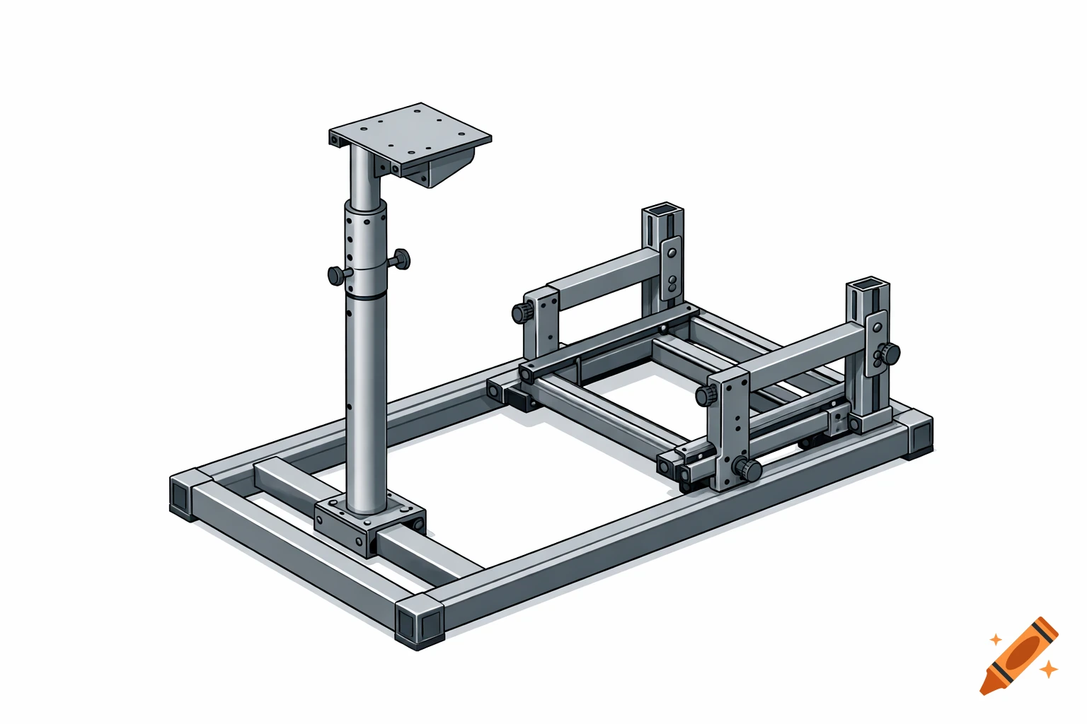 Isometric technical drawing of a metal adjustable racing simulator cockpit frame on a white background.