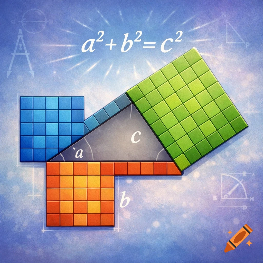 Stylized illustration of the Pythagorean theorem, with a right triangle and colorful squares on each side, labeled a, b, c, plus the formula a +b =c .