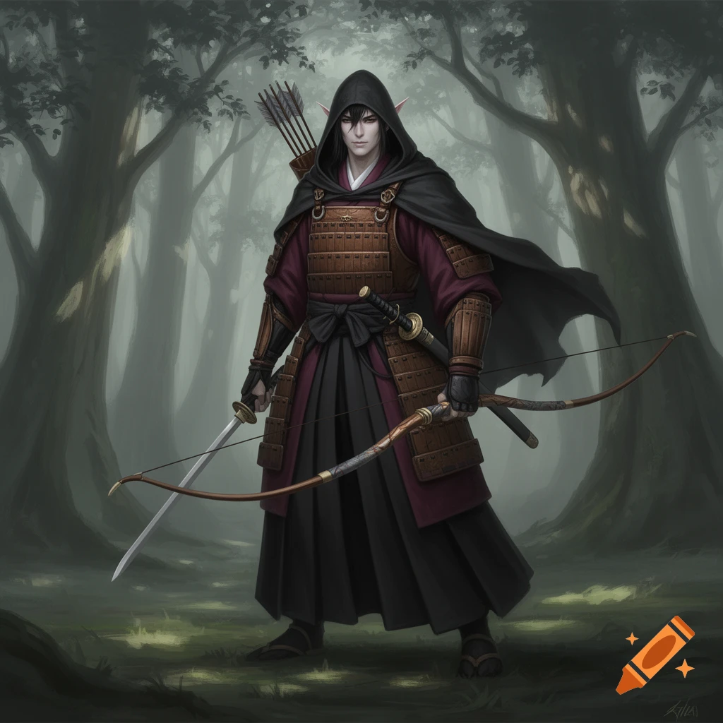 An elf ranger in brown samurai armor and a black hooded cloak, holding a bow and sword, stands vigil in a misty forest.