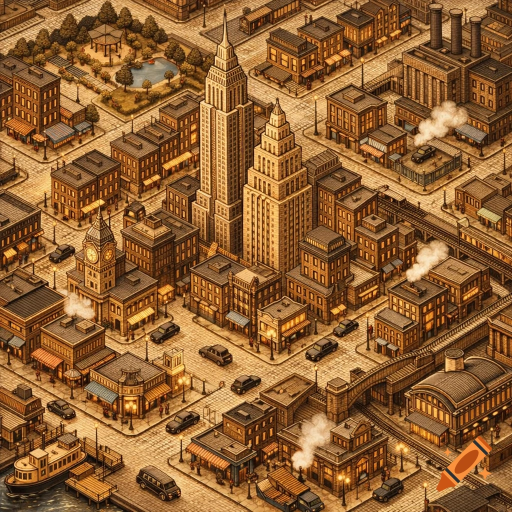An isometric drawing of a detailed 20th-century city with tall buildings, streets, cars, and a park.