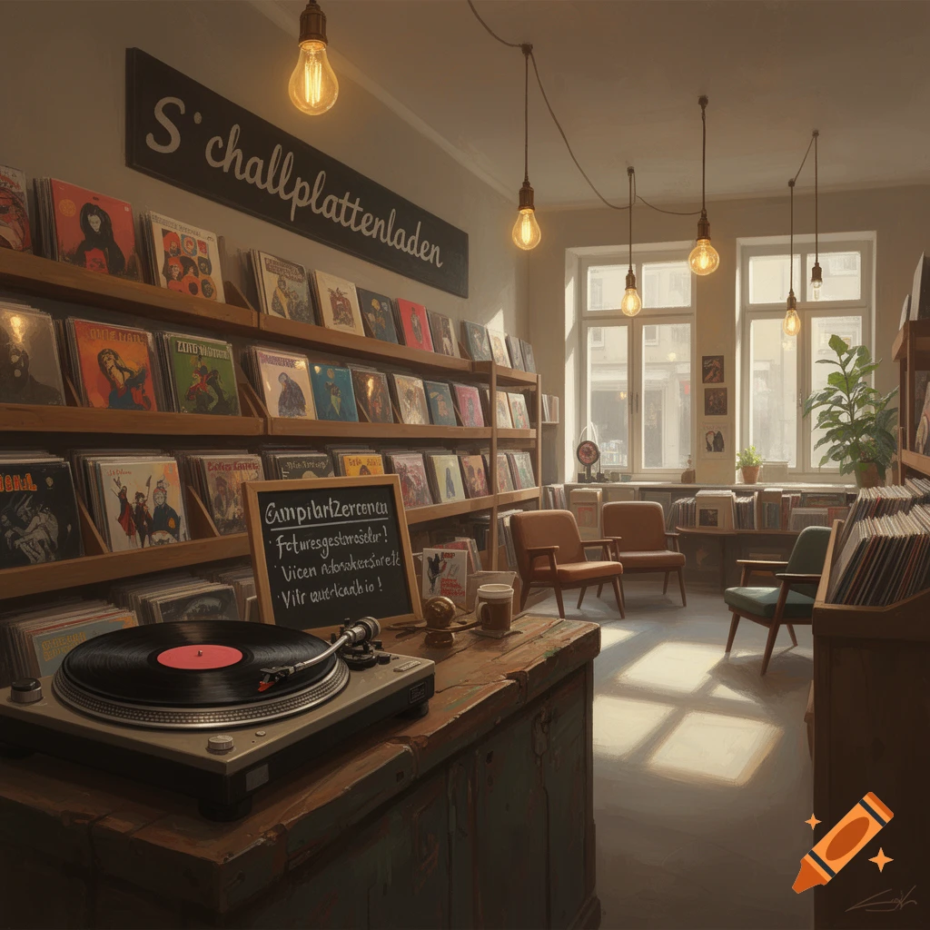 A vintage-style record store interior with shelves full of vinyl albums, a turntable on a counter in the foreground, and sunlit seating in the background.