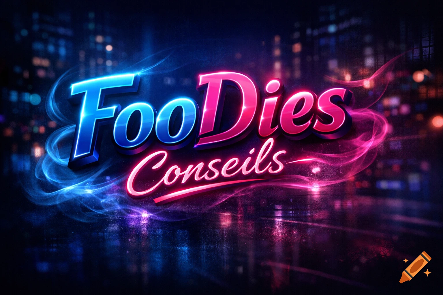 Neon sign for 'FooDies Conseils' glowing in blue and pink over a blurred city night background with reflections.