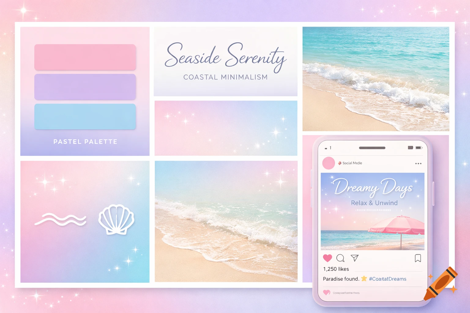 A pastel moodboard for coastal minimalism with color swatches, typography, beach waves, a shell icon, and a social media post mockup.