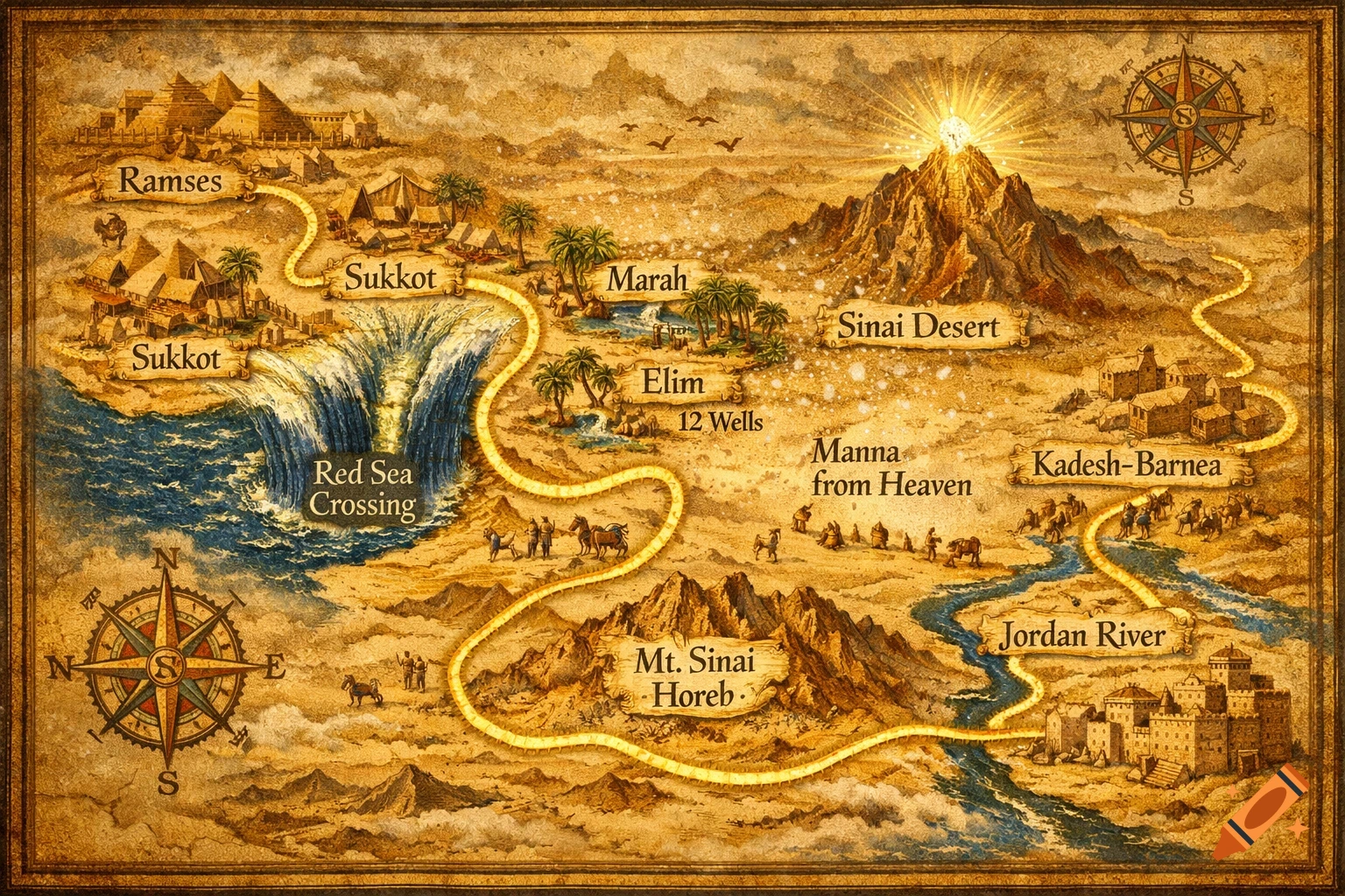 An old, detailed map illustrates the biblical Exodus route, showing key locations like Ramses, Sukkot, Red Sea Crossing, Mt. Sinai, and the Jordan River.