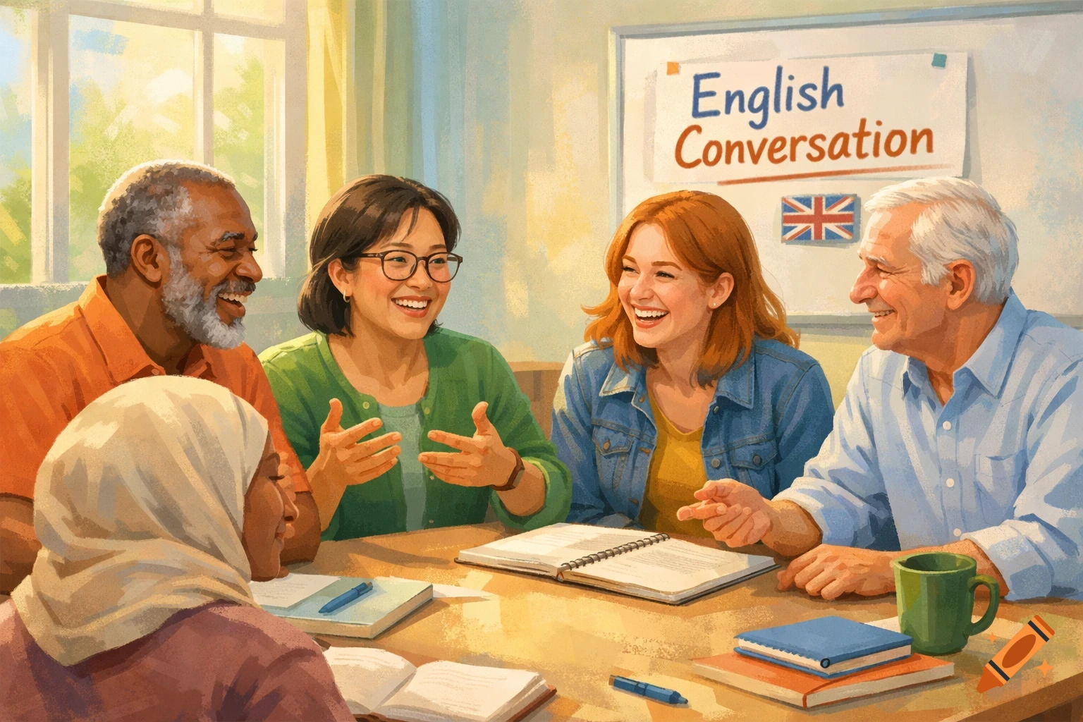 An illustration of a diverse group of adults smiling and talking around a table, attending an English conversation class.