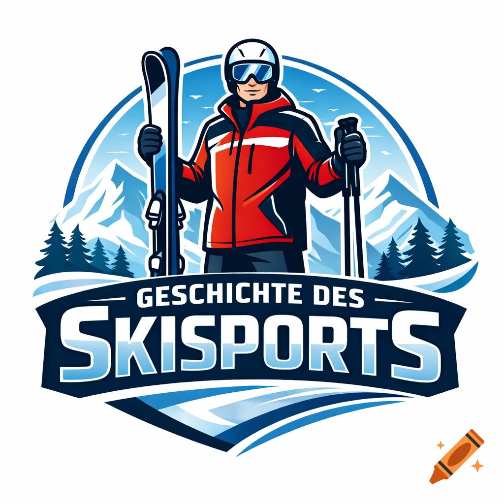 A cartoon logo with a skier in a red jacket holding skis and poles, against a mountain backdrop. Text reads 'GESCHICHTE DES SKISPORTS'.