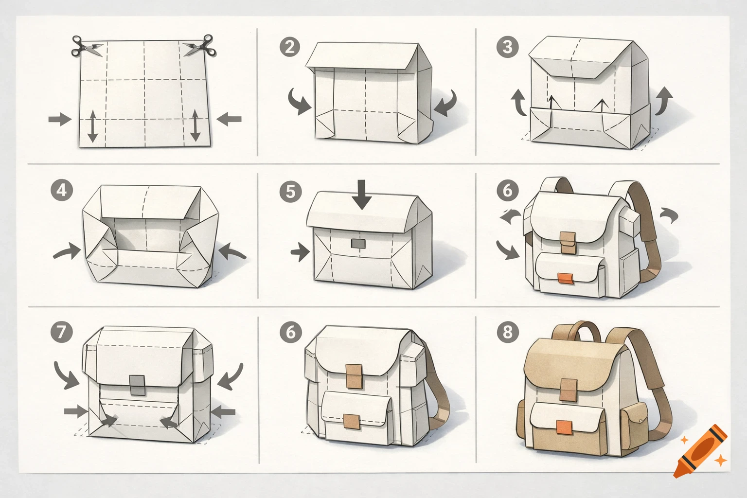 Eight-step diagram demonstrating how to fold a paper backpack from a single sheet, progressing to a finished beige and white model.