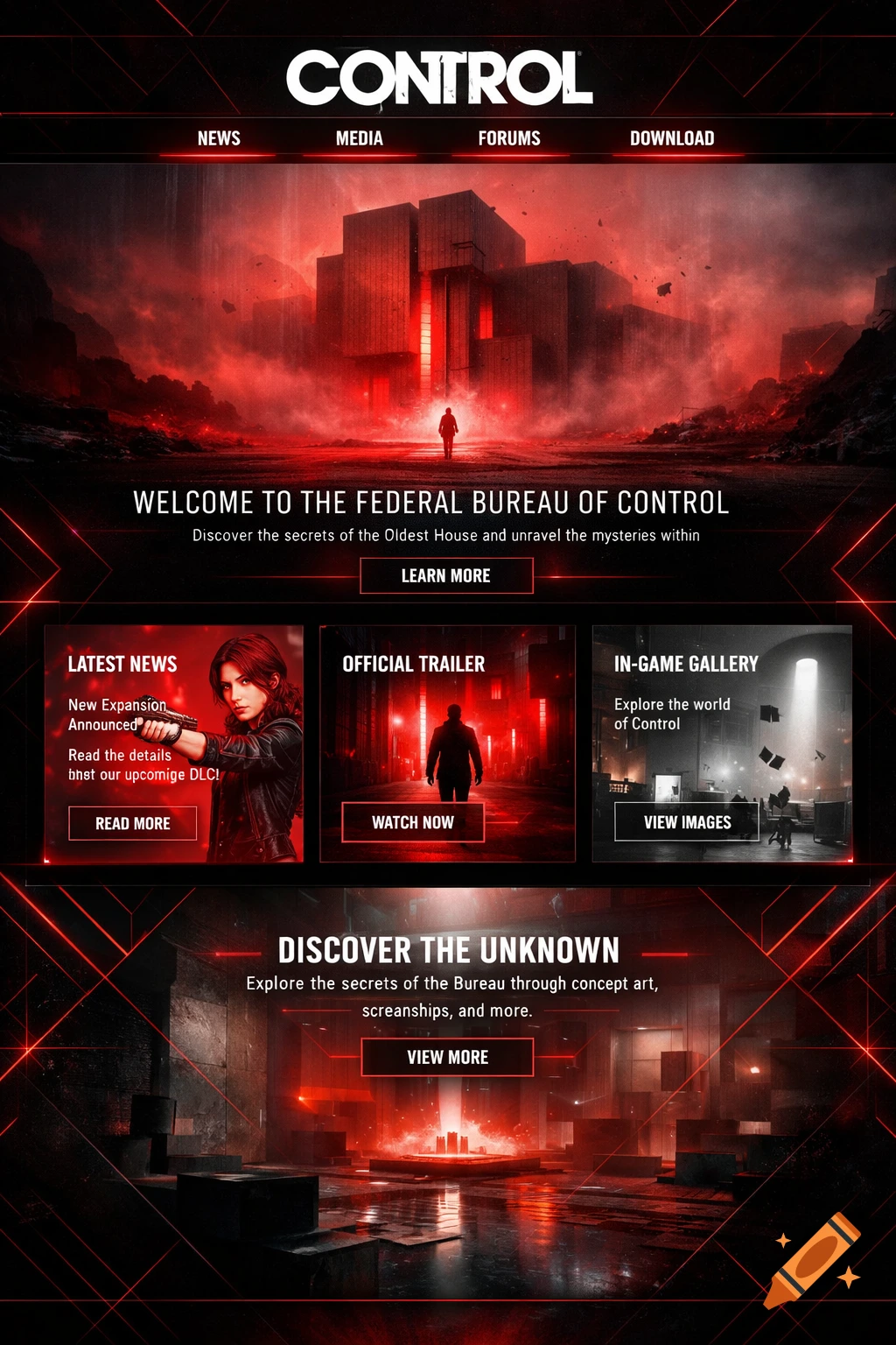A dark, red-hued website for the video game Control, featuring a central building, characters, and menu options.