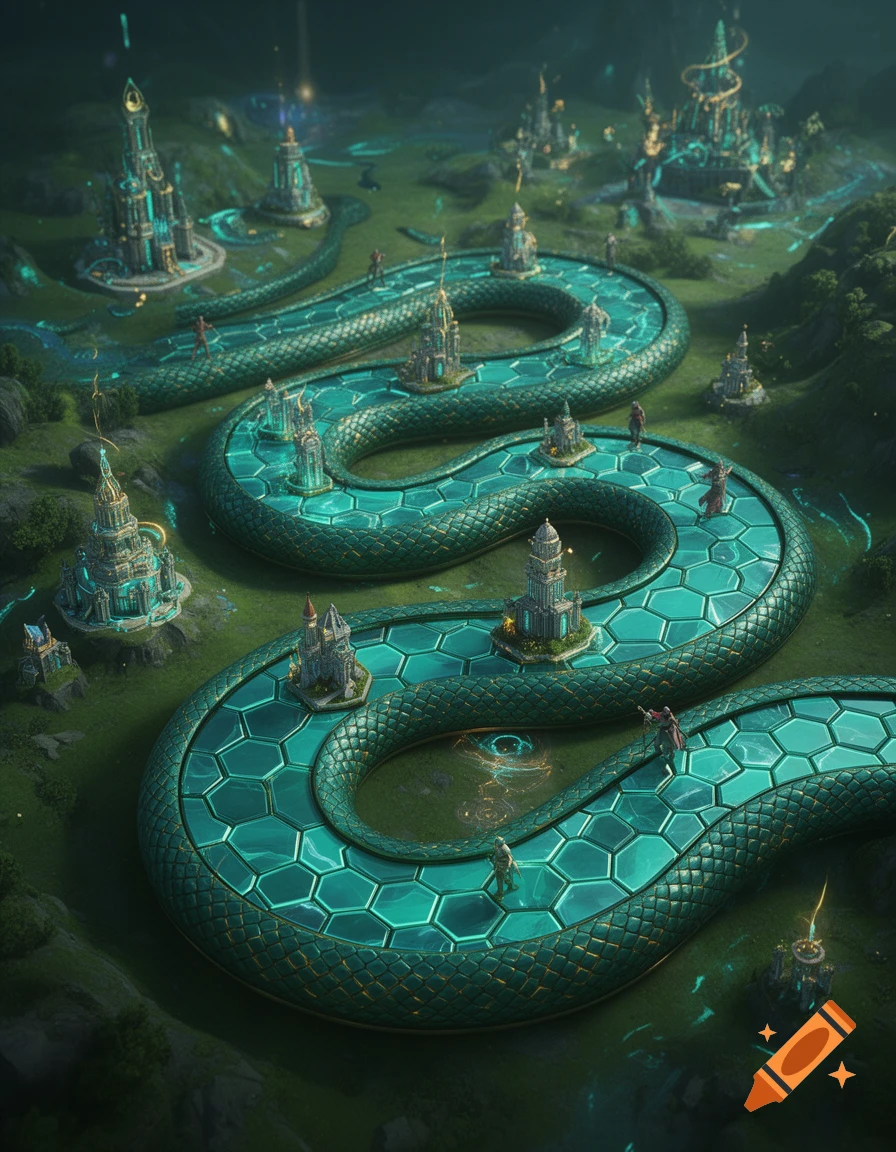Fantasy board game with a winding snake-like path of glowing green hexagonal tiles, miniature castles, and small figures in a lush landscape.