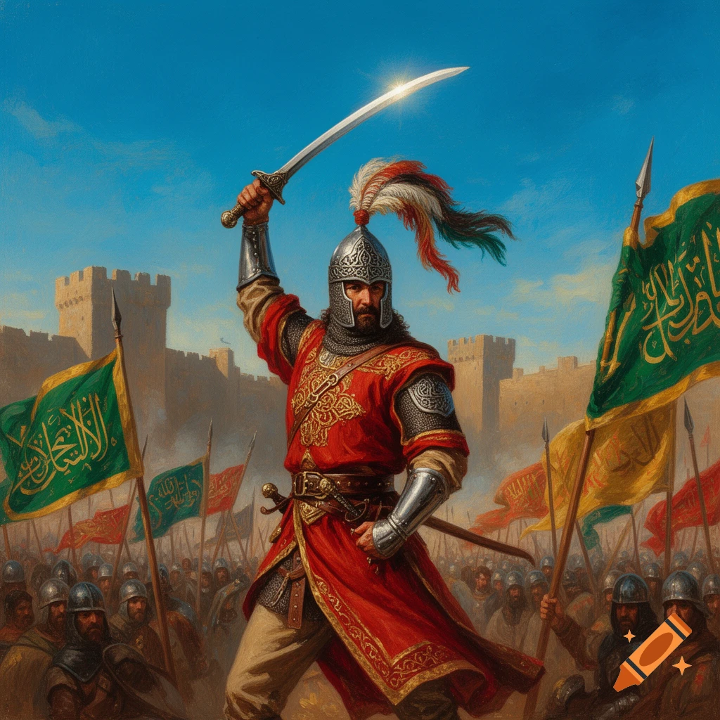 A historical warrior in red armor and helmet raises a shining sword, leading an army with green flags before a castle, in a painted style.
