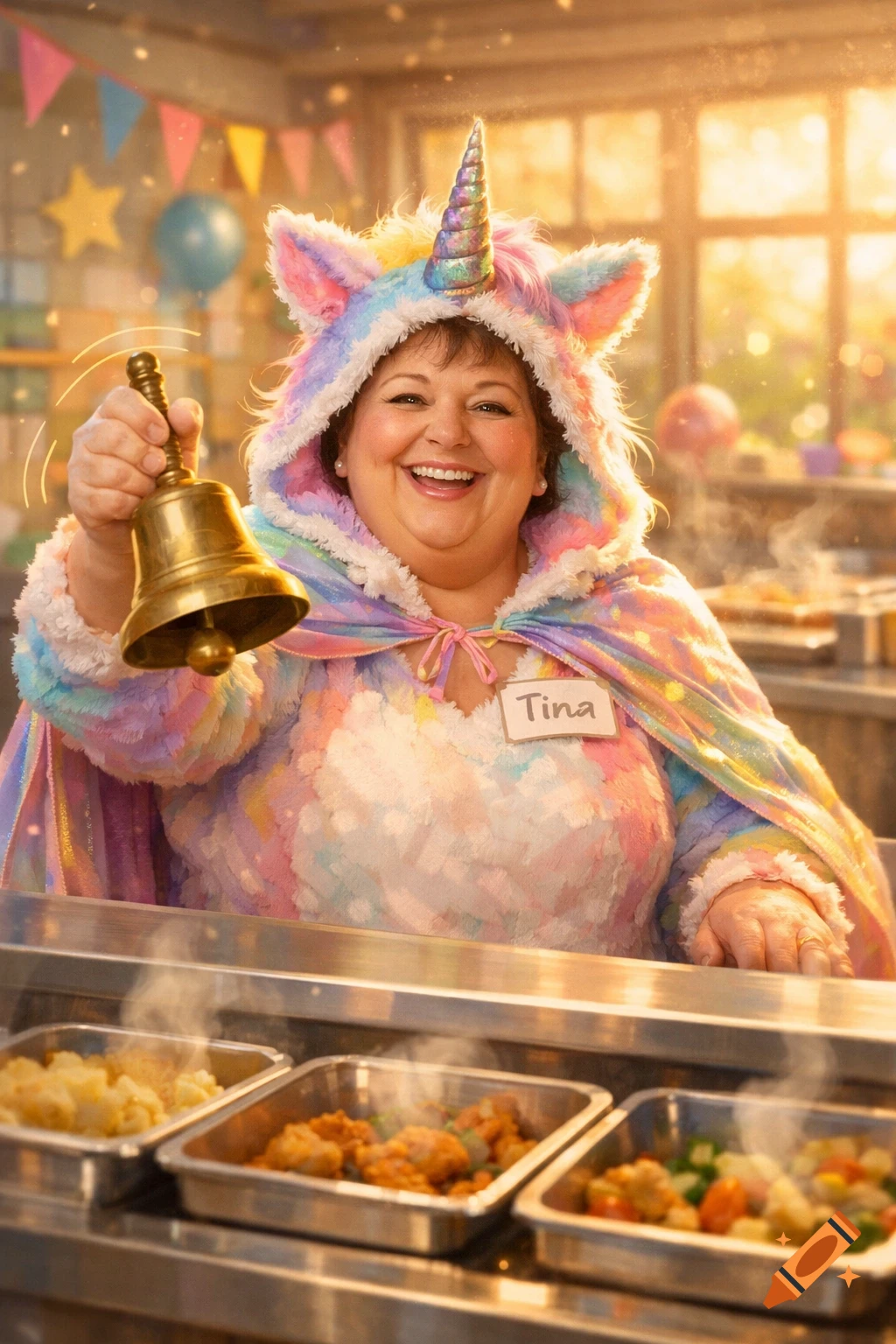 Cheerful woman named Tina in a pastel unicorn costume holds a bell, serving food in a bright cafeteria.