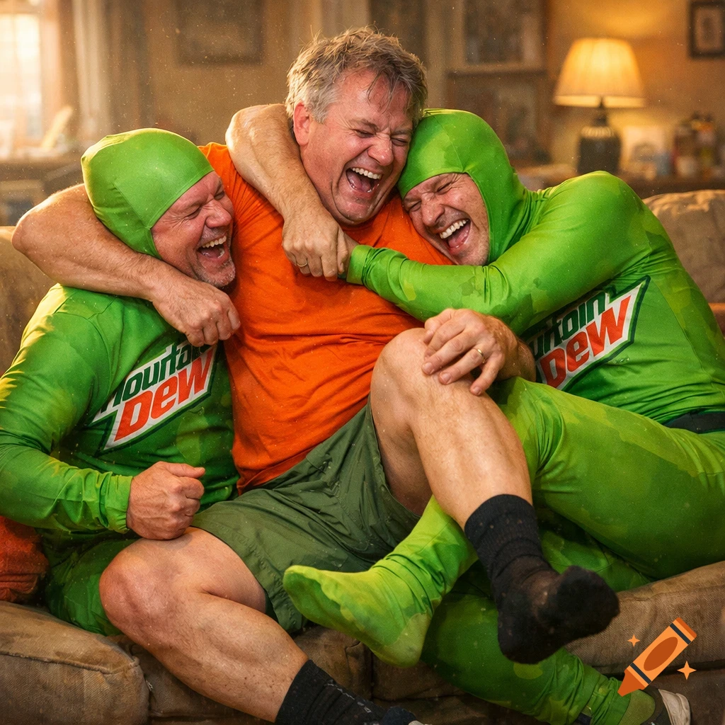 Three laughing men, two in green Mountain Dew morphsuits, hug and wrestle on a couch in a photorealistic image.
