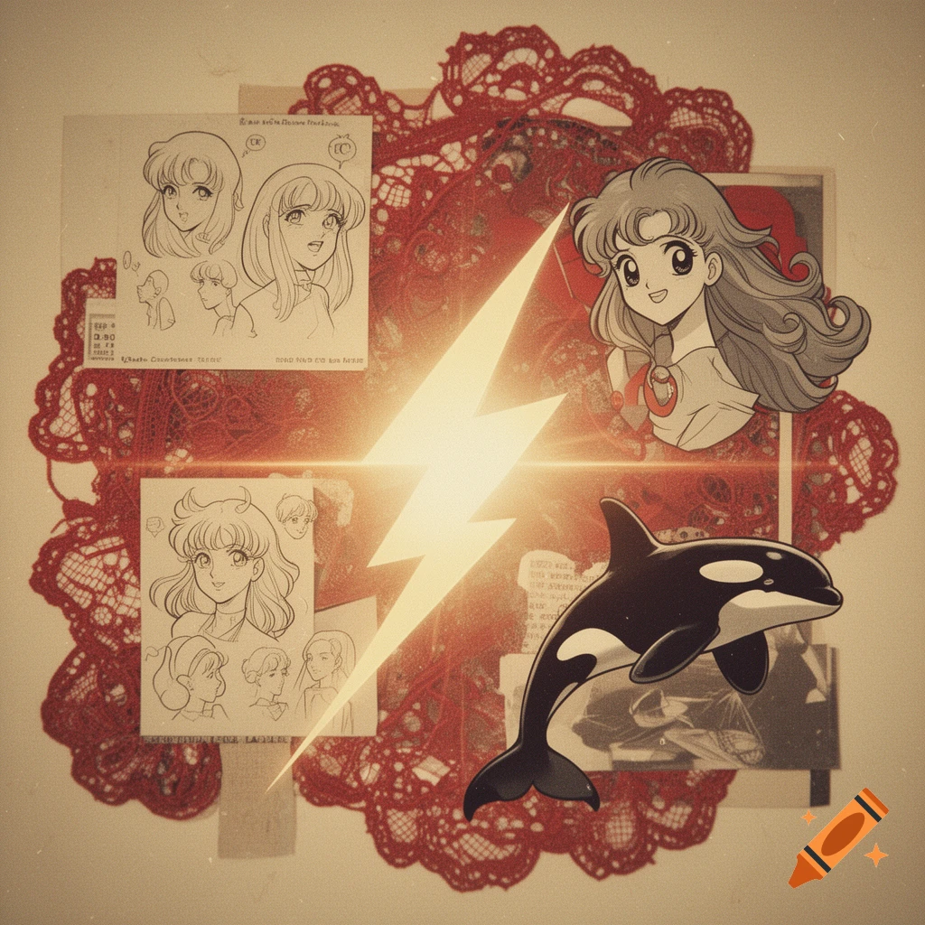 Vintage collage with anime girl character sketches, a central glowing lightning bolt, and an orca, framed by red lace.