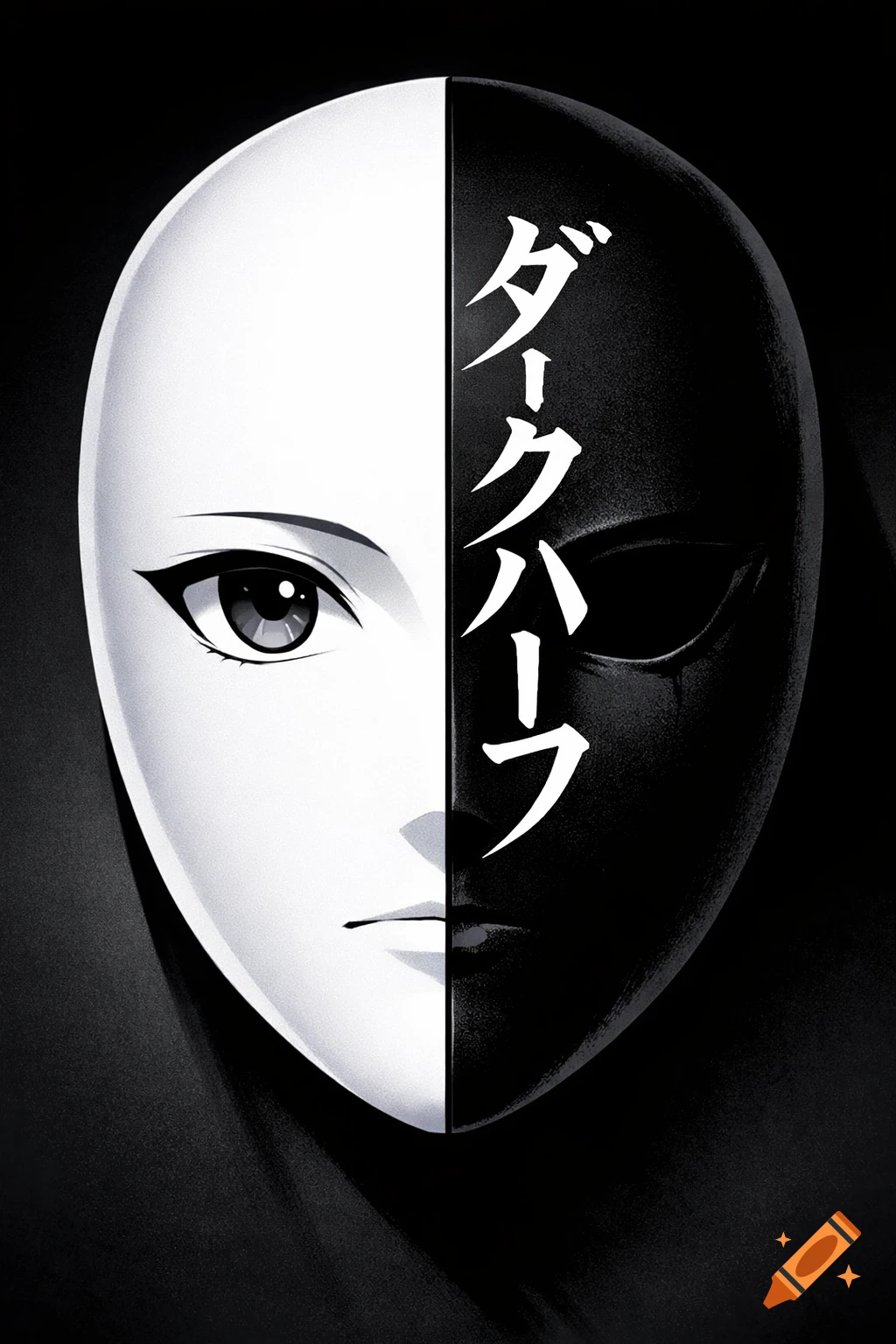 An anime-style mask split vertically into a white half with one eye and a black half with Japanese text 'Dark Half' written vertically.