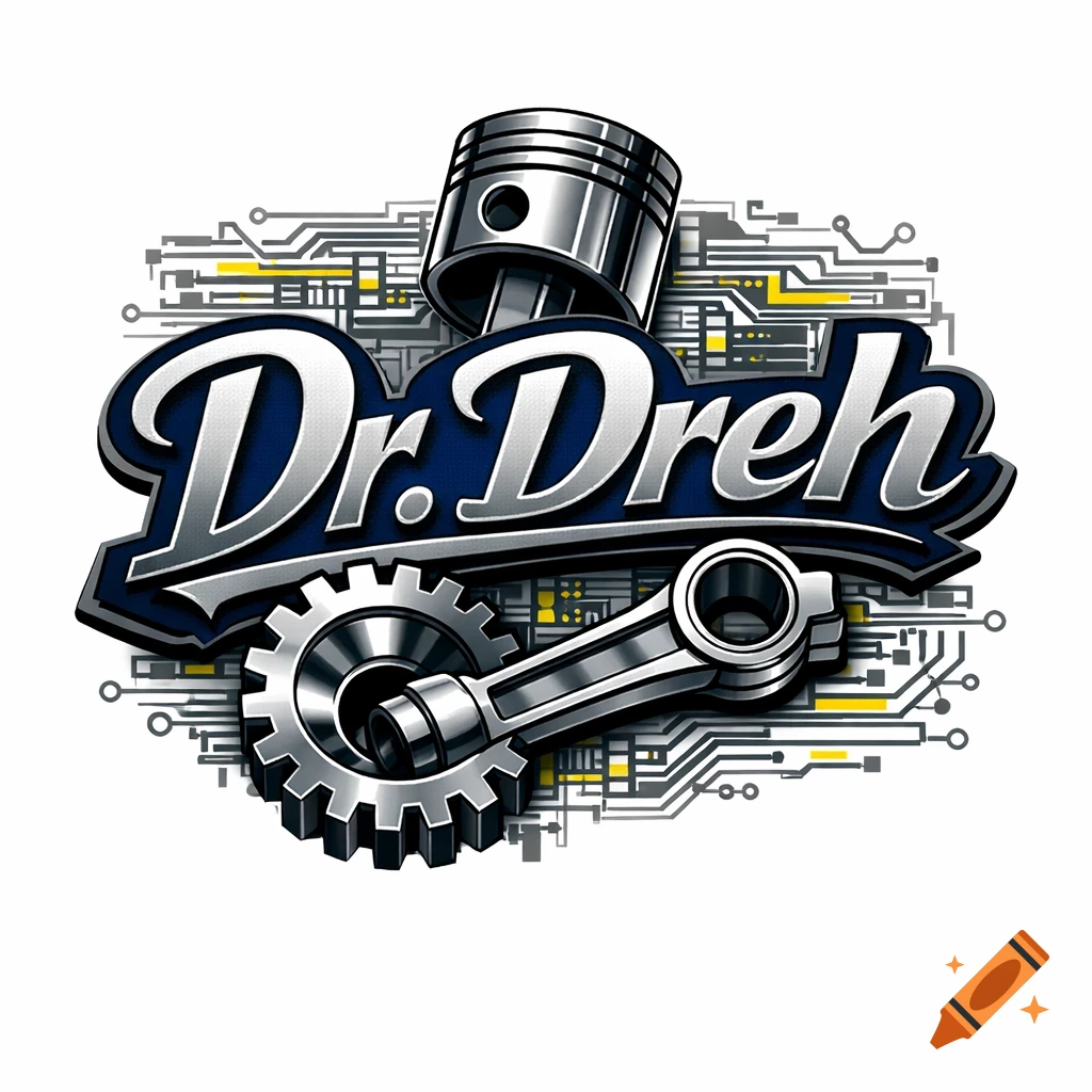 A stylized 'Dr. Dreh' logo with metallic piston, gear, and connecting rod over a circuit board pattern.