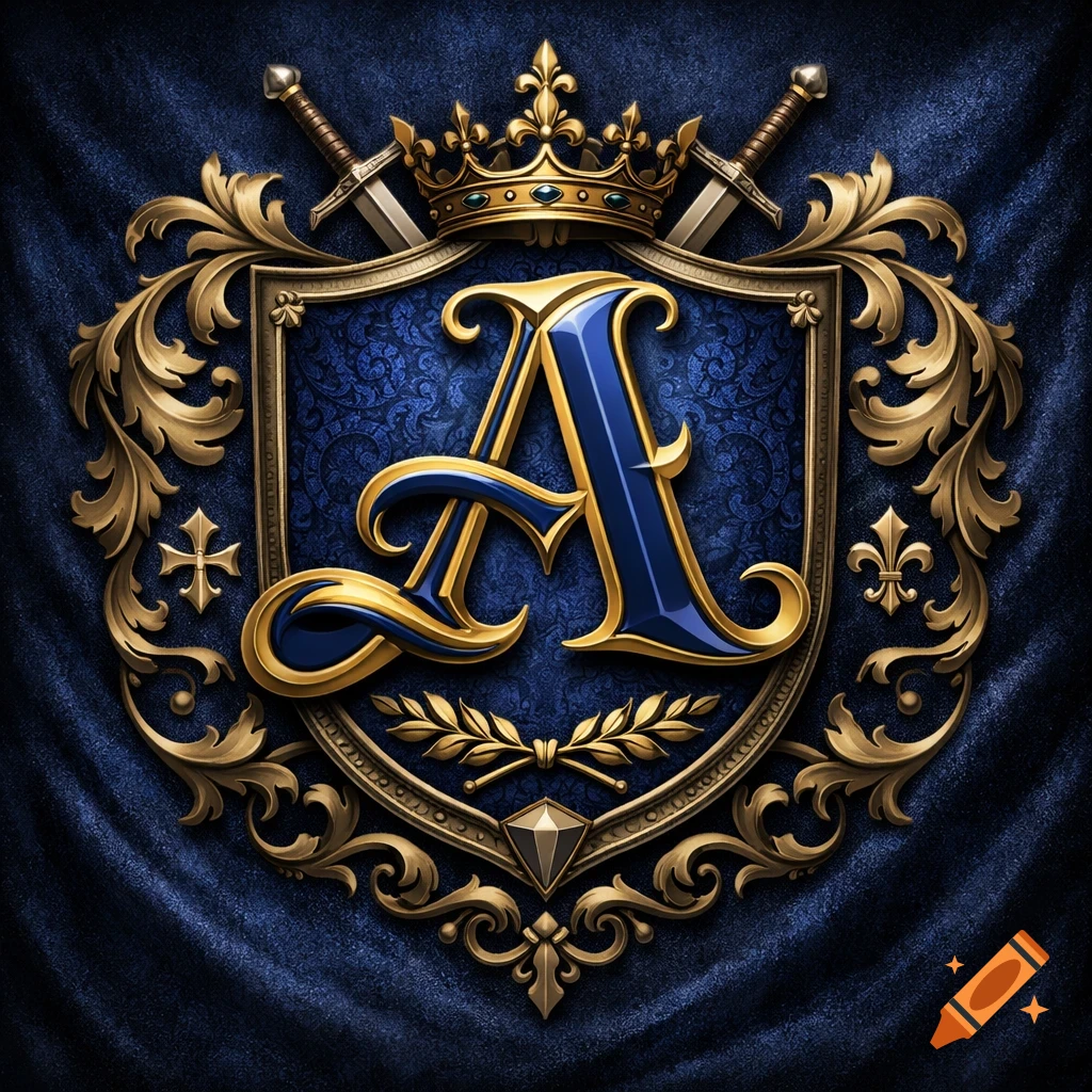 A regal blue and gold coat of arms featuring a stylized letter 'A', crown, and crossed swords on a dark blue fabric background.