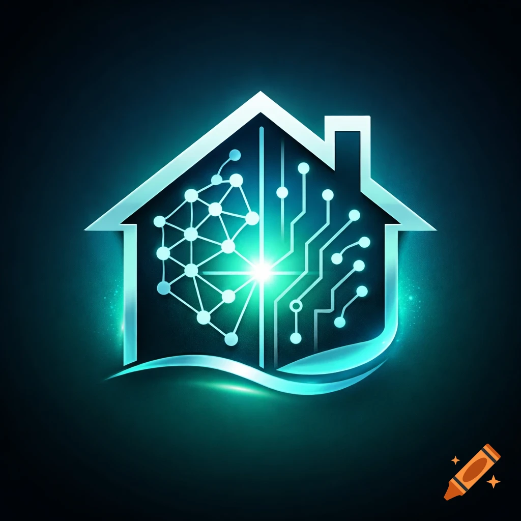 A glowing blue and white logo features a house outline split down the middle, with a circuit board on one side and a neural network pattern on the other, symbolizing AI smart home technology.