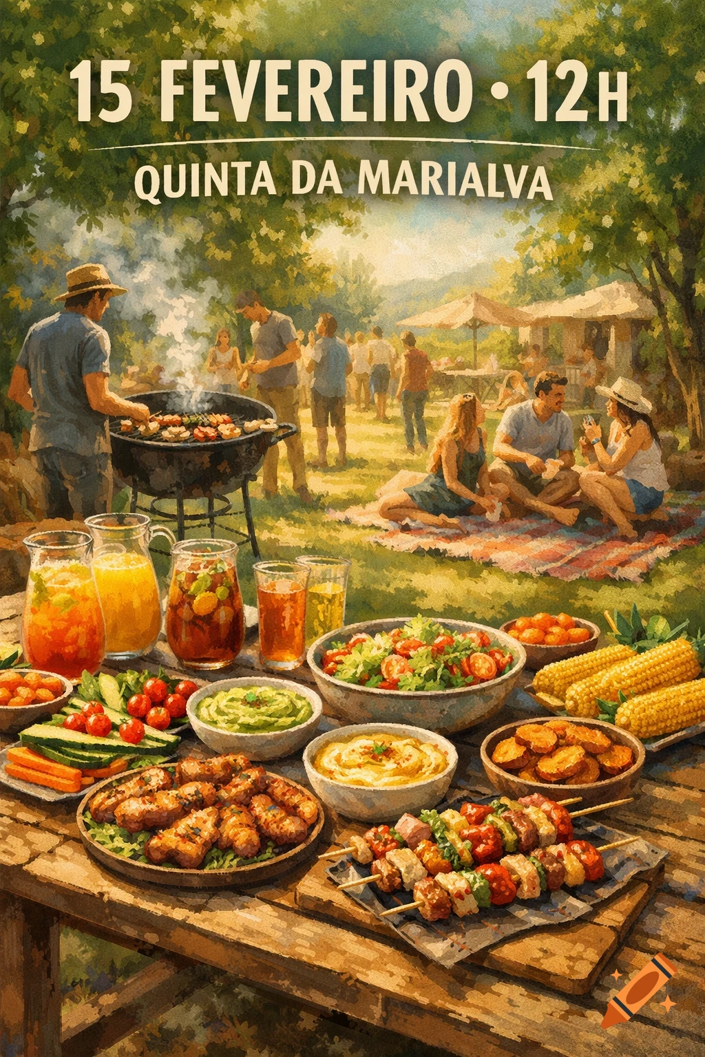 An outdoor painting of a lively barbecue with people grilling, picnicking, and a table laden with food, salads, and drinks, with event details overhead.