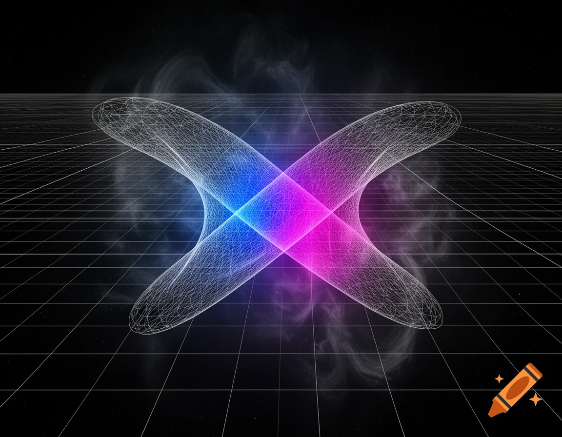A glowing blue and magenta wireframe abstract object crosses a grid plane in a dark, starry space.