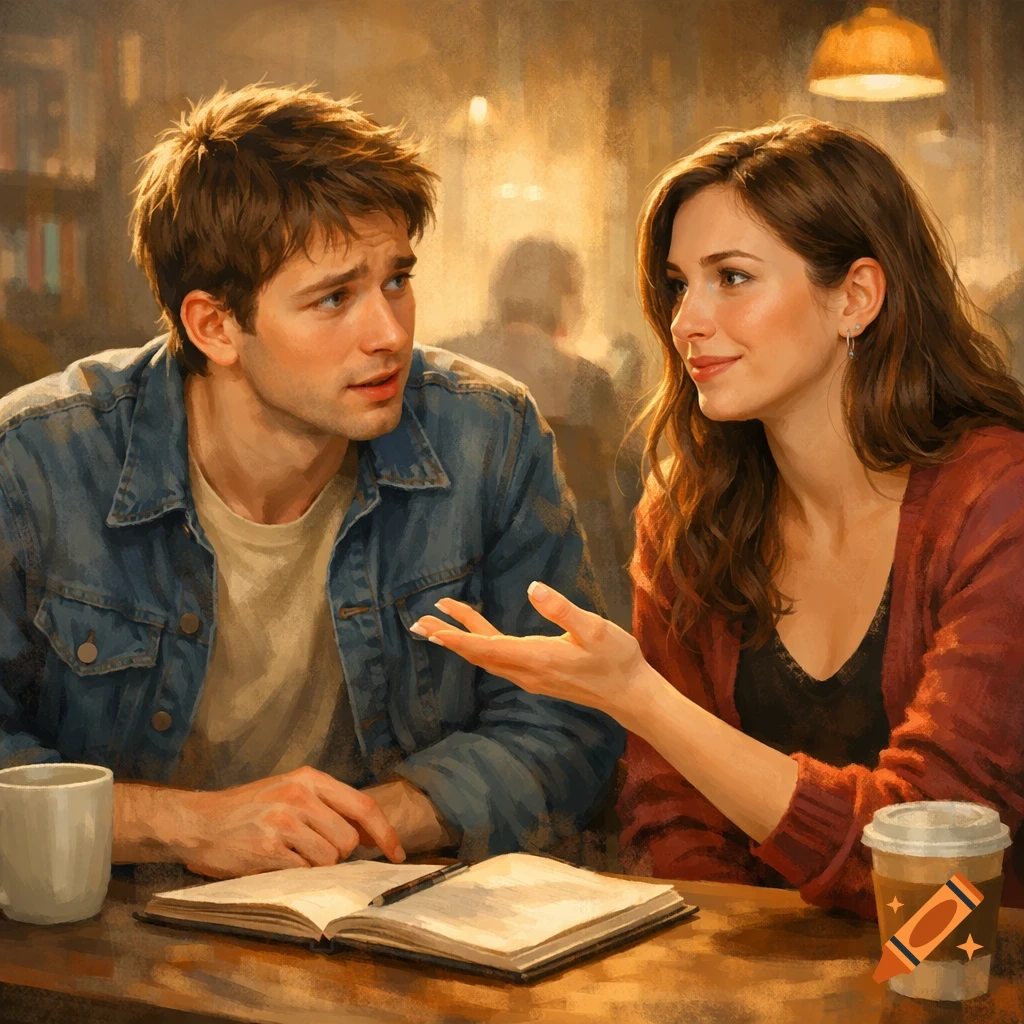 A man and woman in a cafe having a conversation, with a book and coffee cups on the table, in a painterly style.