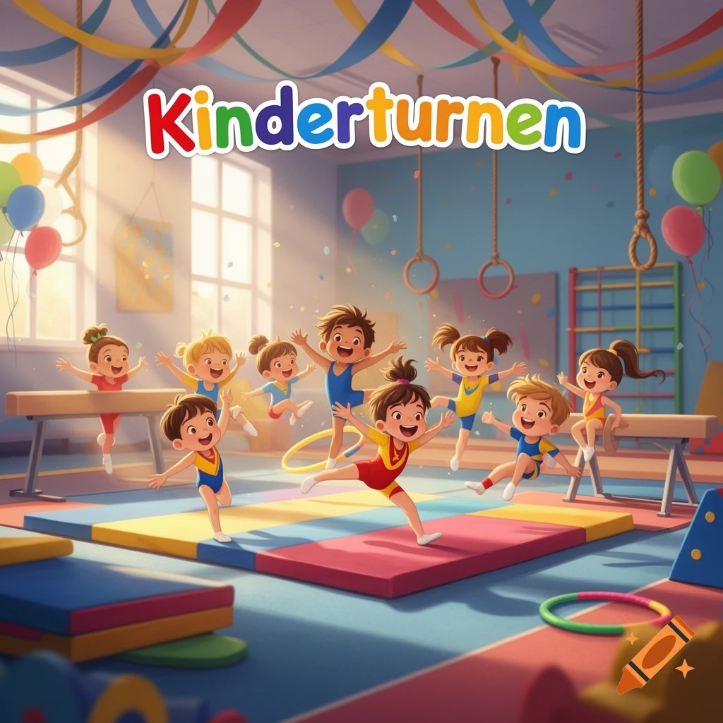 Cartoon children happily doing gymnastics in a colorful gym with ribbons and balloons, text says 'Kinderturnen'.