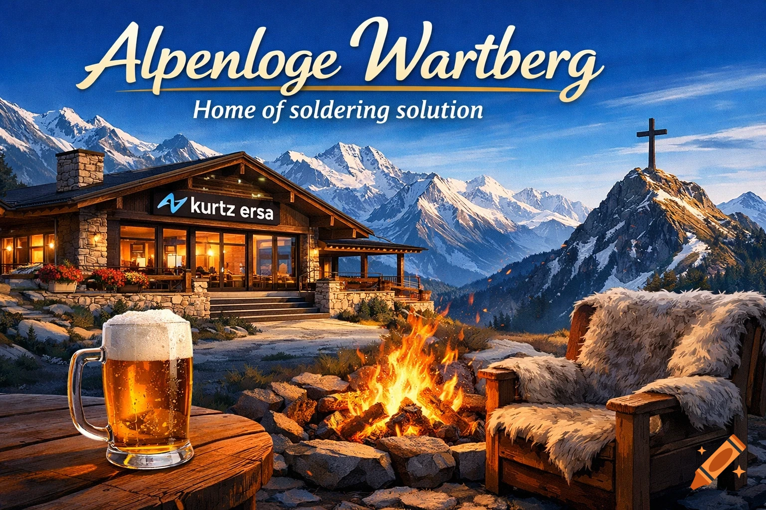 An alpine lodge with snowy mountains, a campfire, a beer, and a fur armchair. A cross tops a distant peak.