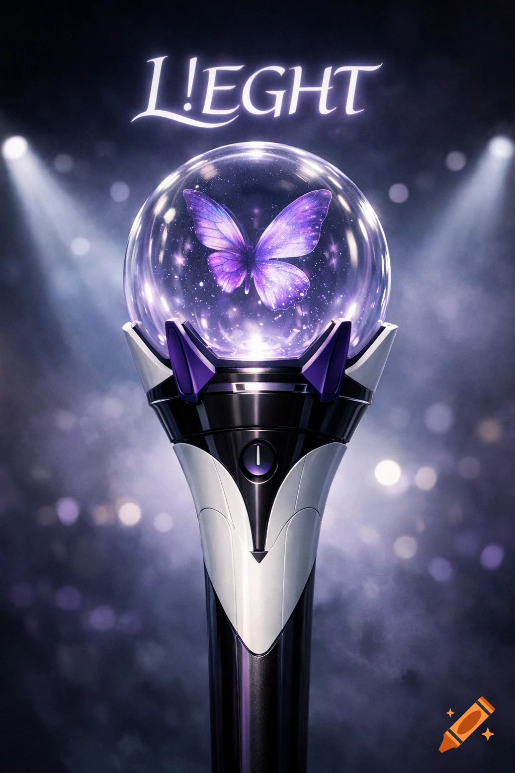 A K-pop lightstick featuring a glowing purple butterfly in a clear sphere, with purple, white, and black accents, set against a dark, spotlighted background and the title L!EGHT.