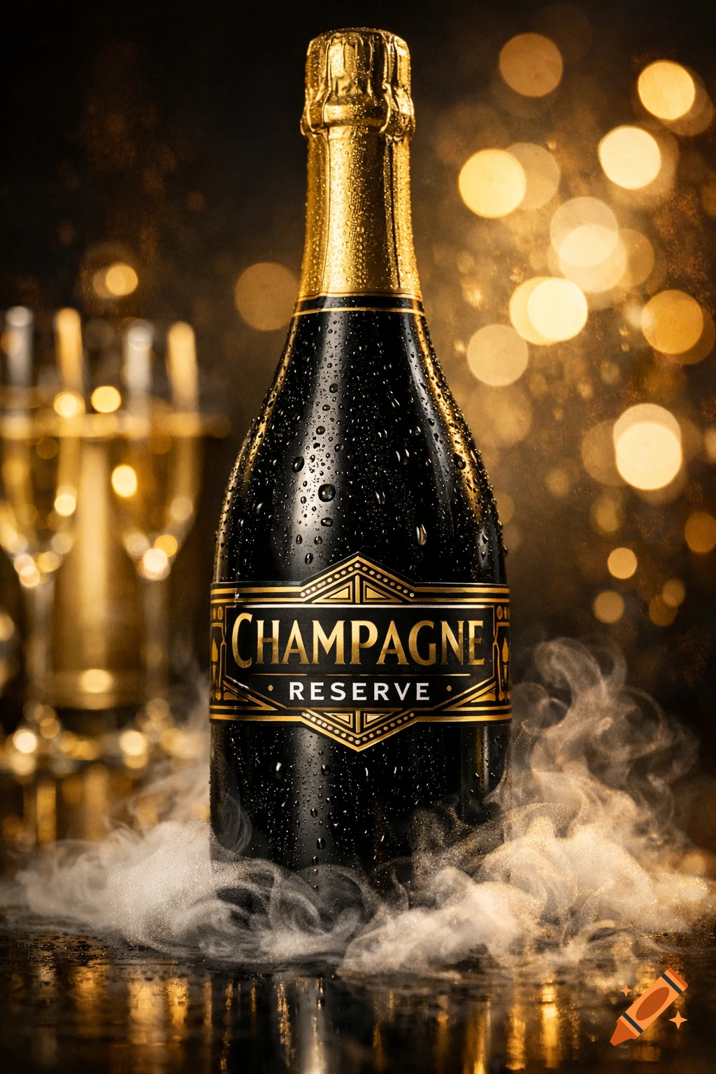 A black champagne bottle with a gold label reading "CHAMPAGNE RESERVE" is covered in water droplets and surrounded by smoke, with sparkling golden bokeh lights in the background.