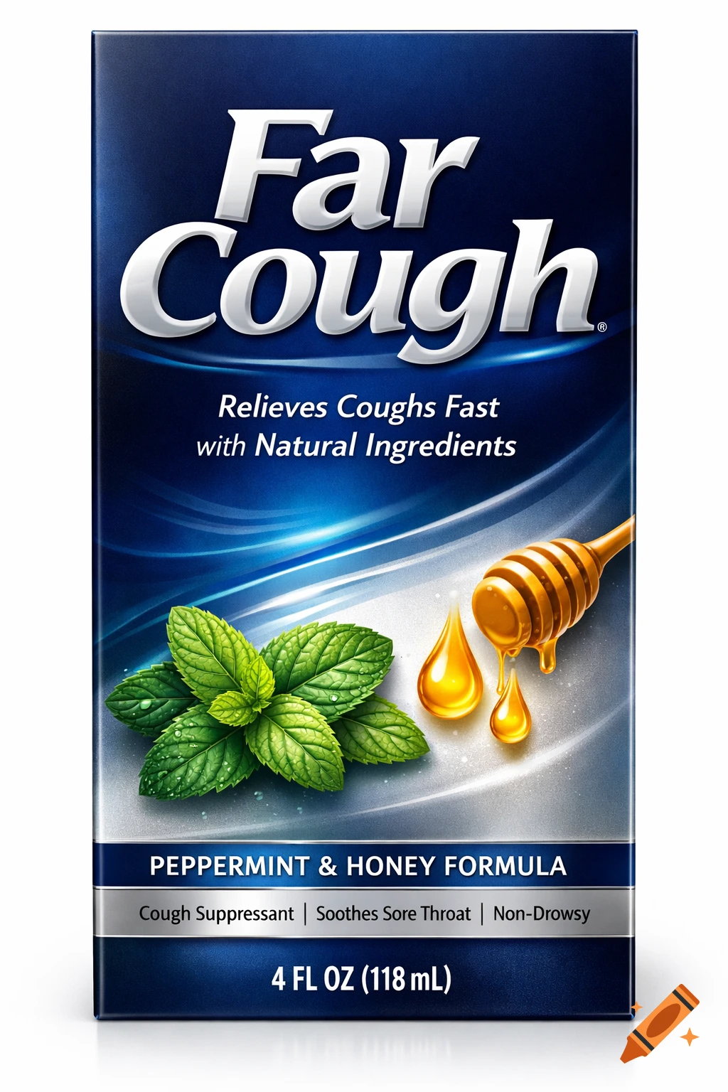 Photorealistic dark blue cough medicine box labeled 'Far Cough' with mint leaves, a honey dipper, and descriptive text.