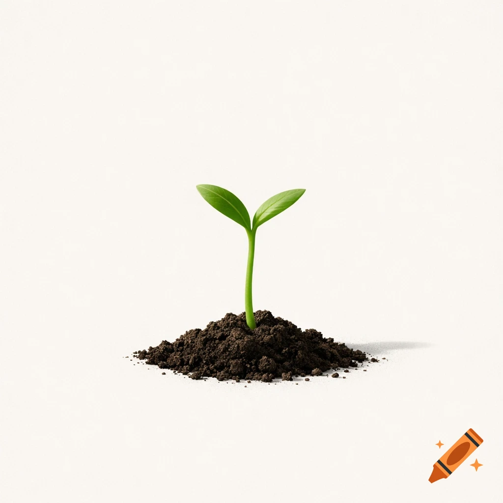 A small green sprout with two leaves growing from a mound of dark soil against a bright white background.