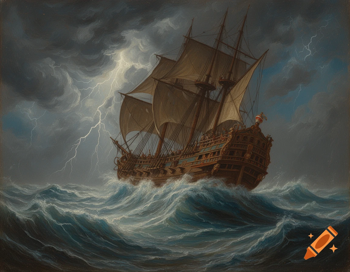 An oil painting of an old sailing ship caught in a stormy sea with lightning in the dark sky.
