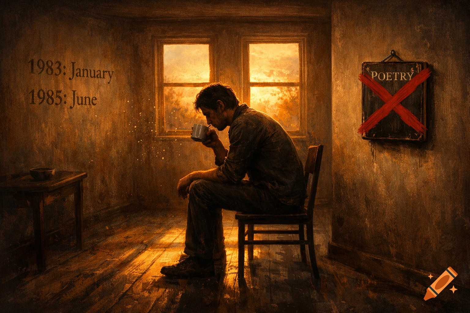 A man sits in a moody, dimly lit room, drinking coffee. Dates '1983: January' and '1985: June' on one wall, 'POETRY' crossed out on another. Painterly.