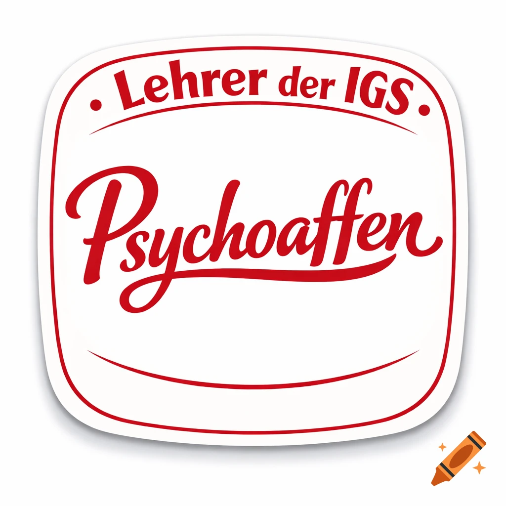 White rounded sticker with a red border and red text: 'Lehrer der IGS.' above 'Psychoaffen'.