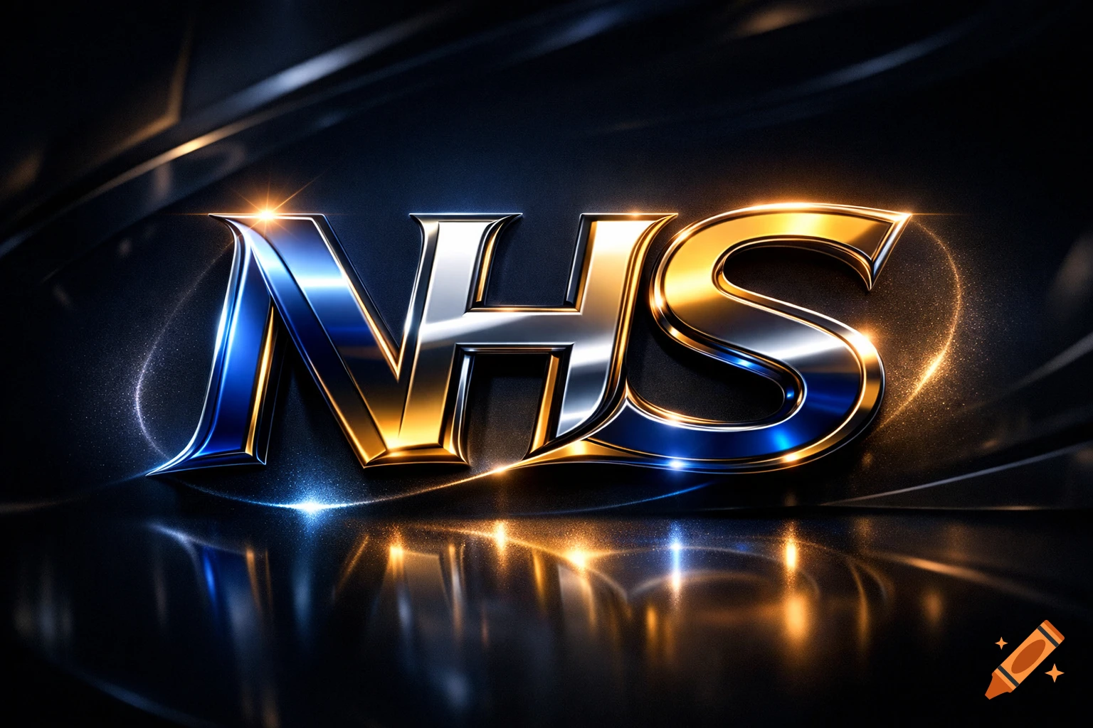 Shiny metallic letters 'NHS' in blue, silver, and gold on a dark, reflective, luxurious background with light streaks.