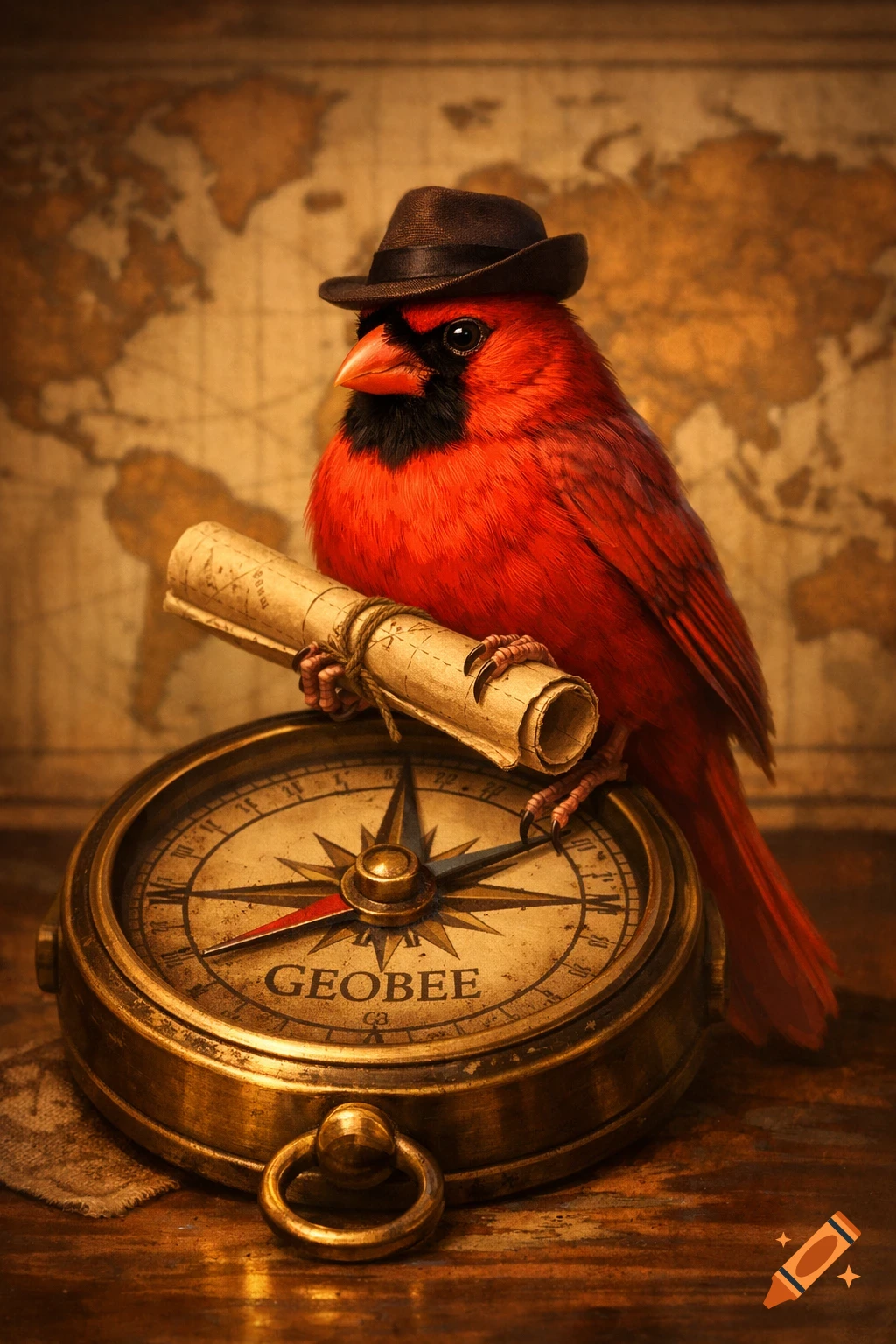 A photorealistic red cardinal wearing a fedora, holding a rolled map, perches on an antique brass compass with a vintage world map background.
