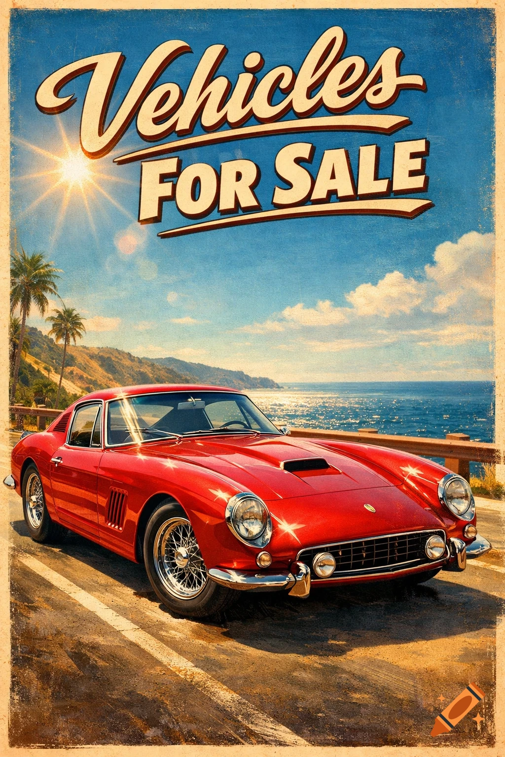 Vintage poster for "Vehicles FOR SALE" featuring a shiny red classic car on a sunny coastal road with palm trees and ocean.