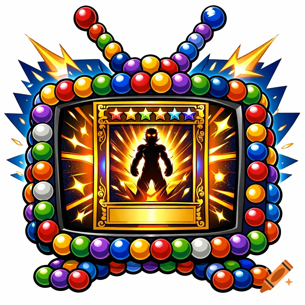 Cartoon vector art of a TV made of colorful marbles, displaying a golden-framed card with a silhouetted, glowing figure and five stars.