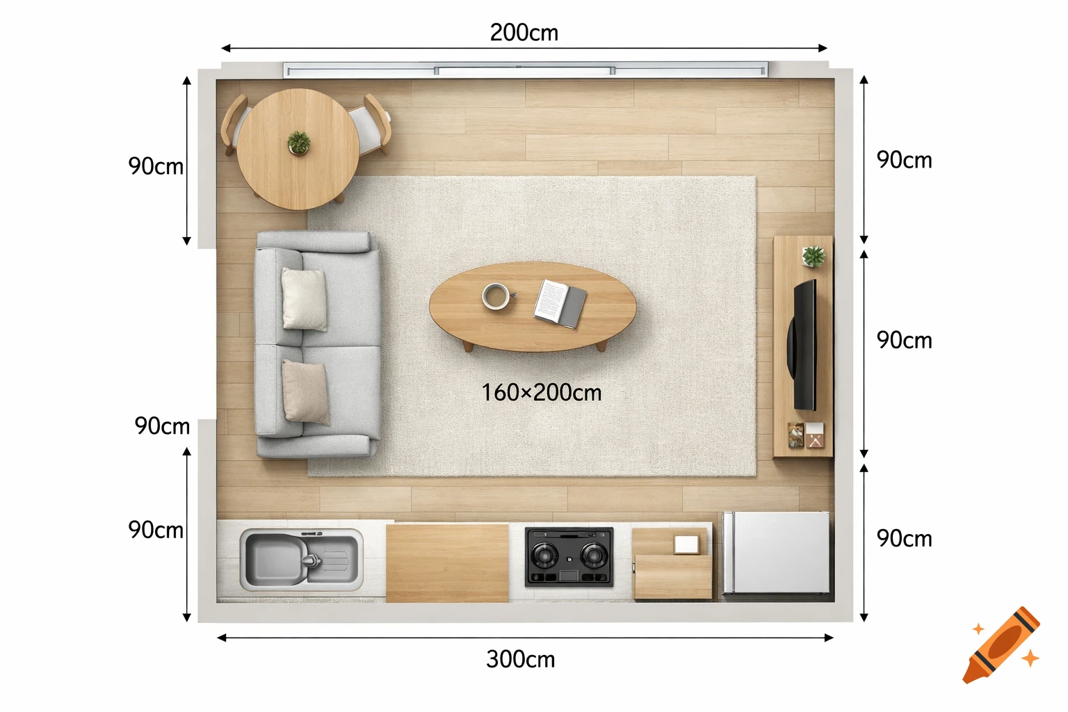 Top-down floor plan of a Scandinavian-style studio apartment with living, dining, and kitchen areas, showing dimensions.